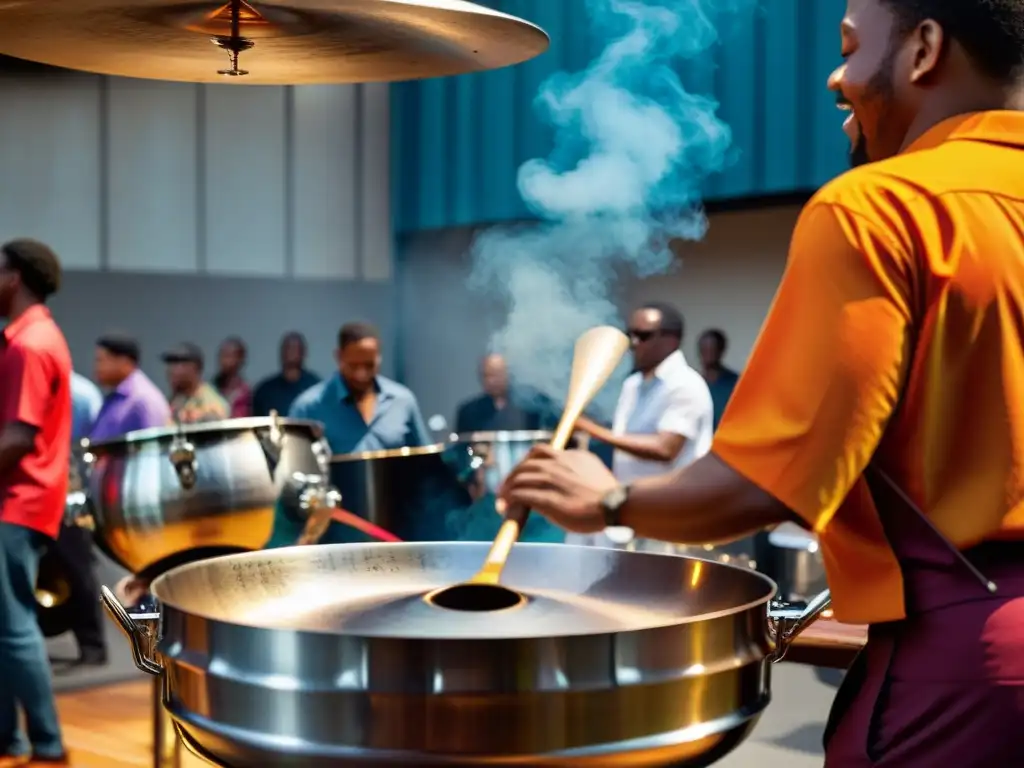 Un músico toca el steelpan en un escenario de jazz contemporáneo, rodeado de otros instrumentistas