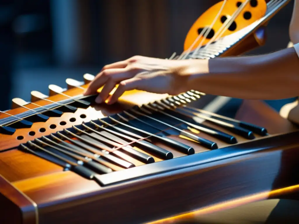 Un músico de nyckelharpa sueca tocando con destreza, resaltando la artesanía del instrumento y su sonido encantador