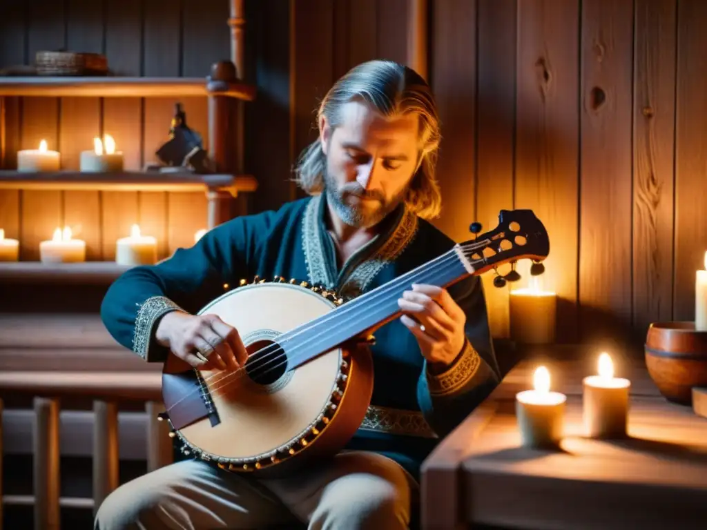 Un músico sueco toca el Nyckelharpa en una cabaña iluminada por velas, en un ambiente lleno de historia y cultura