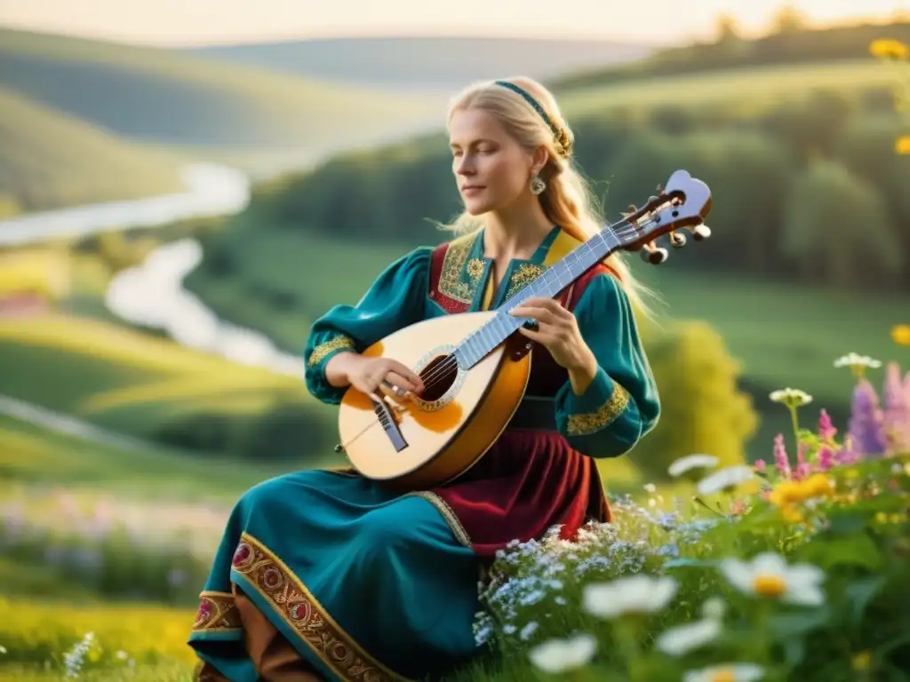 Un músico sueco toca la nyckelharpa en un paisaje campestre