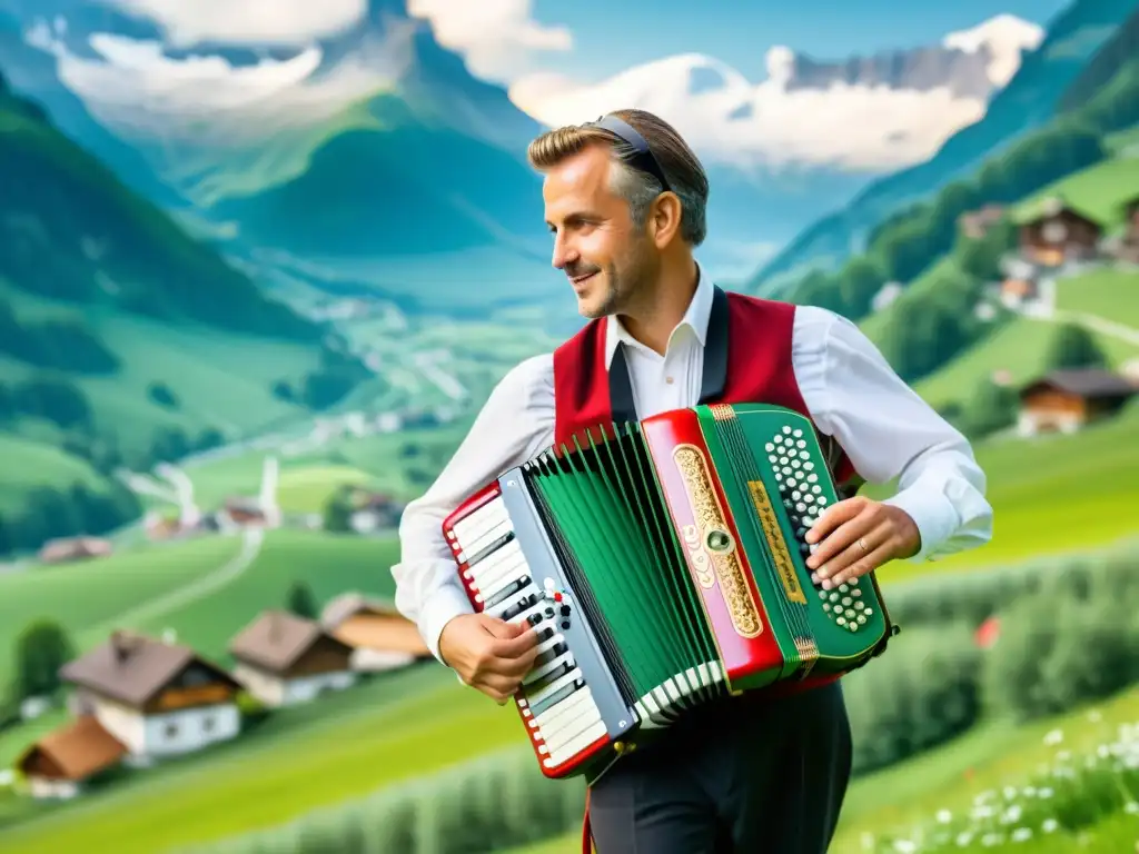 Un músico suizo toca el Schwyzerörgeli en un pueblo alpino