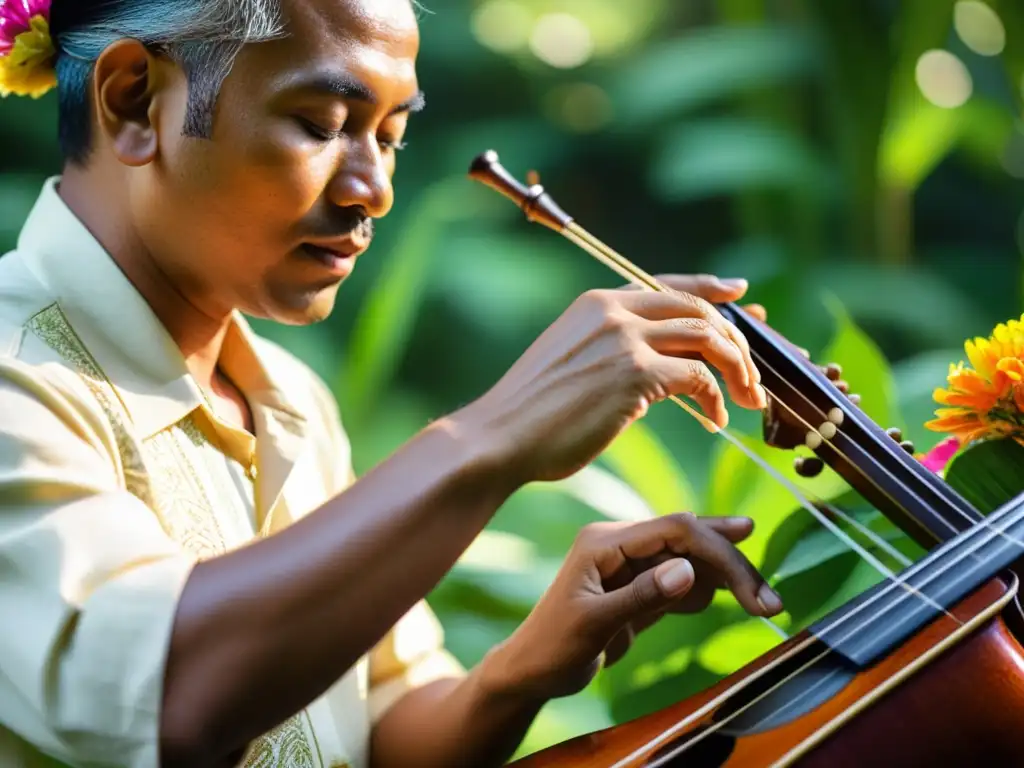 Un músico hábil toca la cítara kacapi sundanés entre exuberante vegetación, capturando la esencia de amor y naturaleza