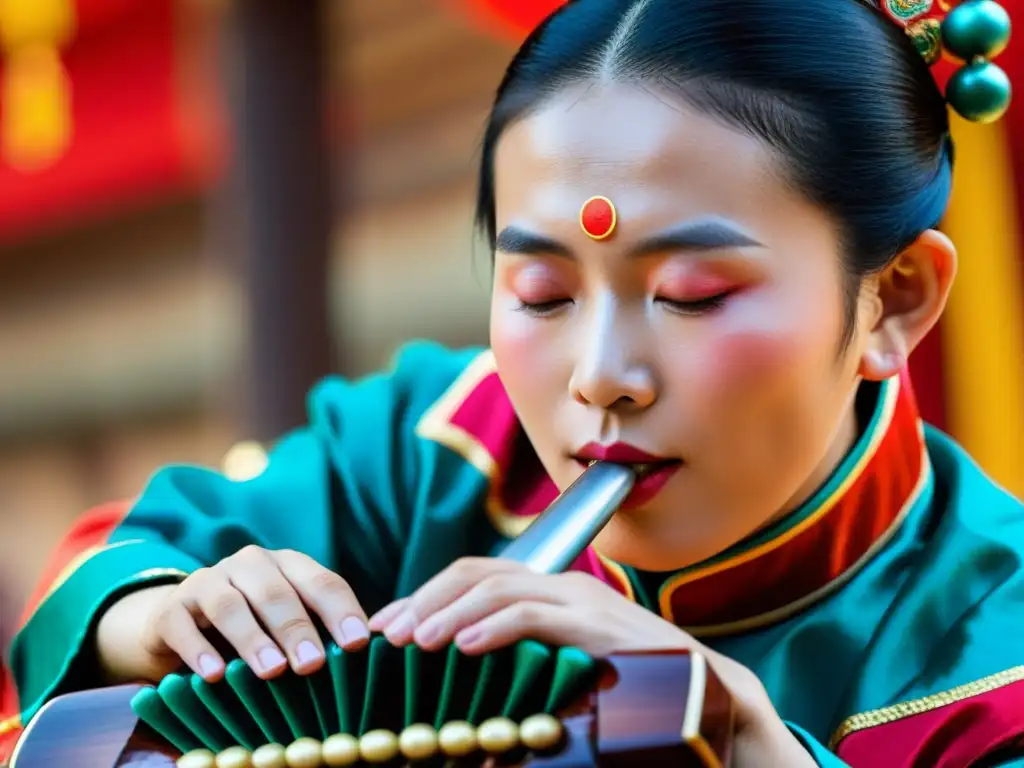 Un músico toca una suona china durante una celebración festiva, con colores vibrantes y detalles intrincados