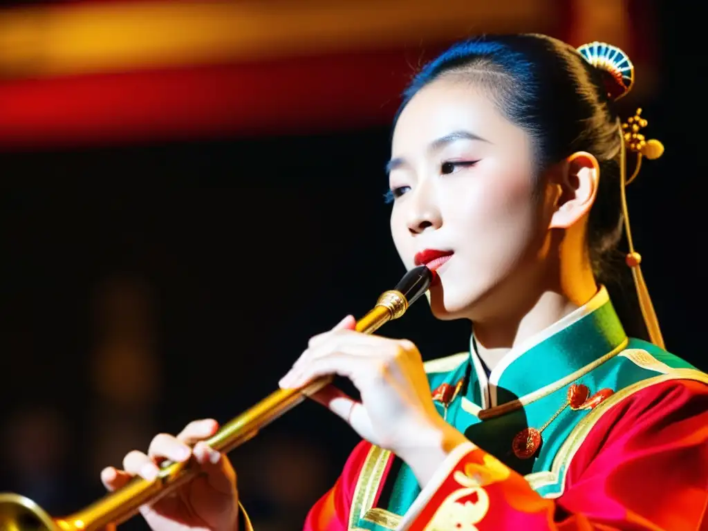 Un músico toca apasionadamente una suona china en medio de un animado baile de dragones