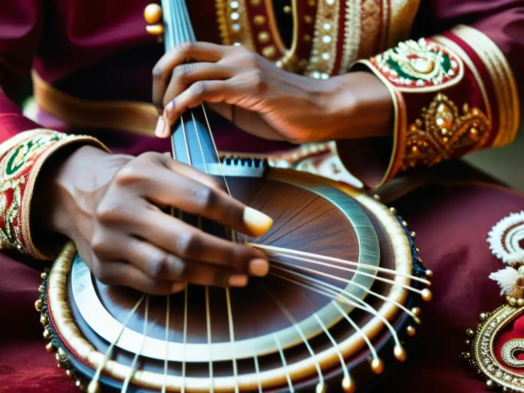 Un músico hábil toca el Surbahar en un escenario tradicional de la India, evocando la historia y sonido del Surbahar en la música clásica india