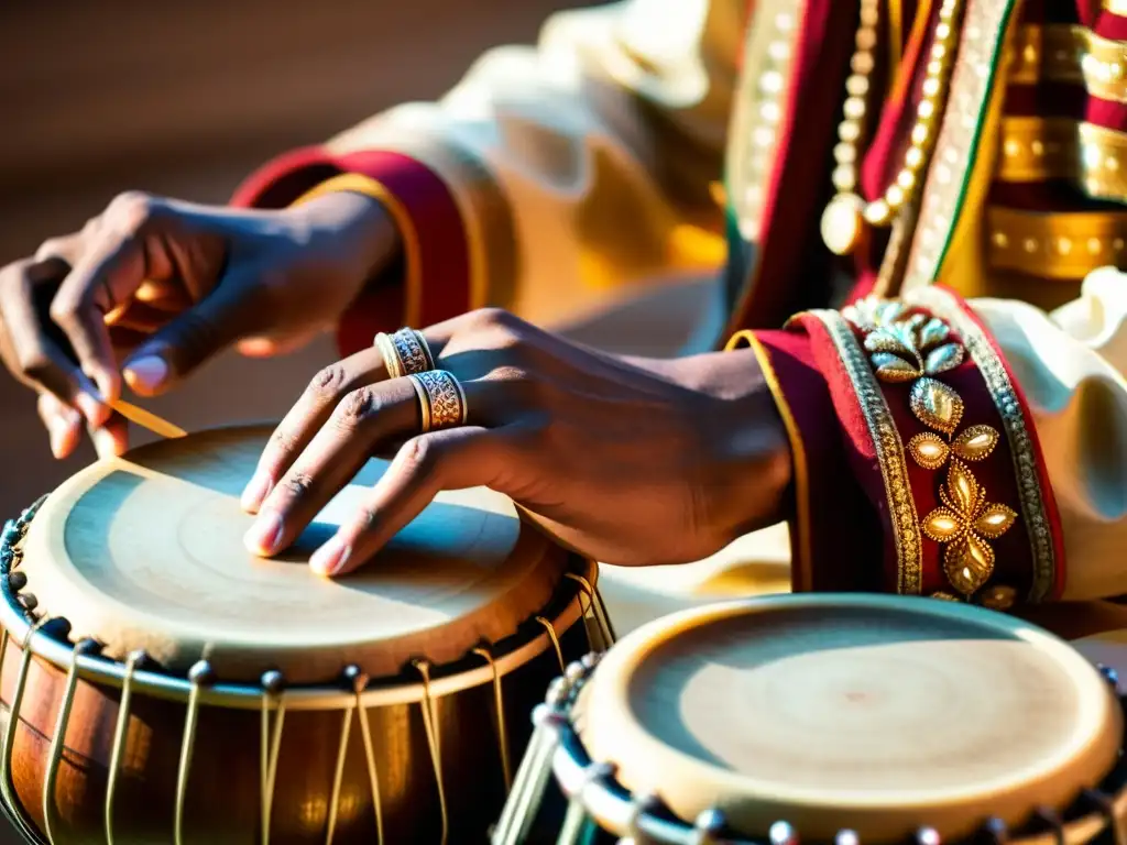 Un músico toca la tabla con intensa devoción, destacando los detalles y la tradición de la música devocional hindú