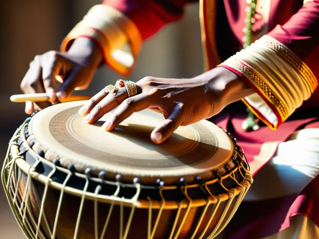 Un músico hábil toca las tablas con destreza, resaltando la historia y sonido de la tabla india: historia, construcción, sonido