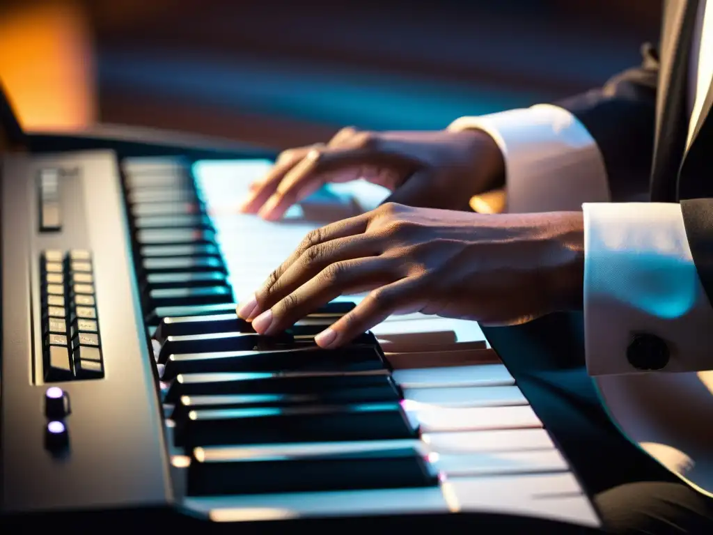 Un músico concentra su talento en un teclado profesional, creando una melodía cautivadora