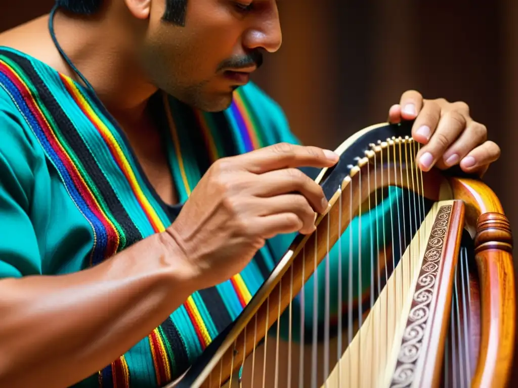 Un músico talentoso toca con pasión el Arpa Jarocha, resaltando su legado cultural