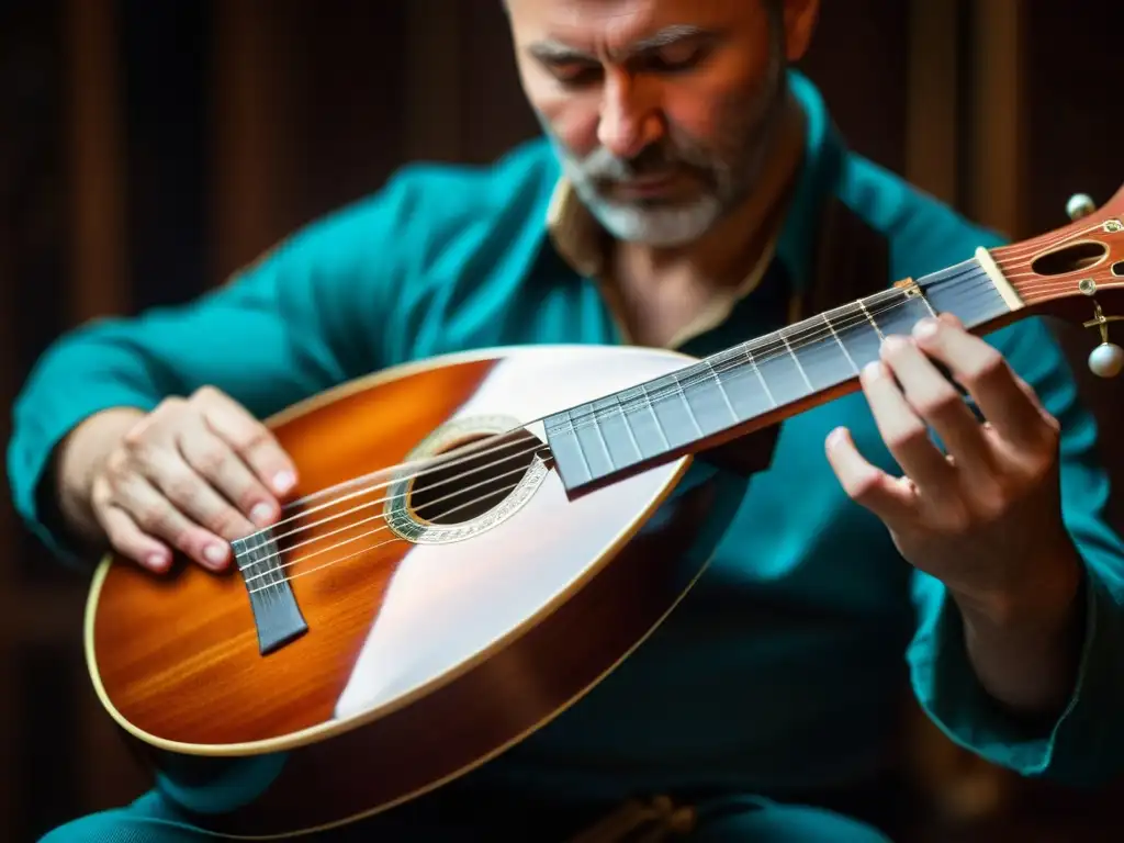 Un músico talentoso toca una balalaika en una atmósfera íntima, resaltando la historia y el sonido de la balalaika