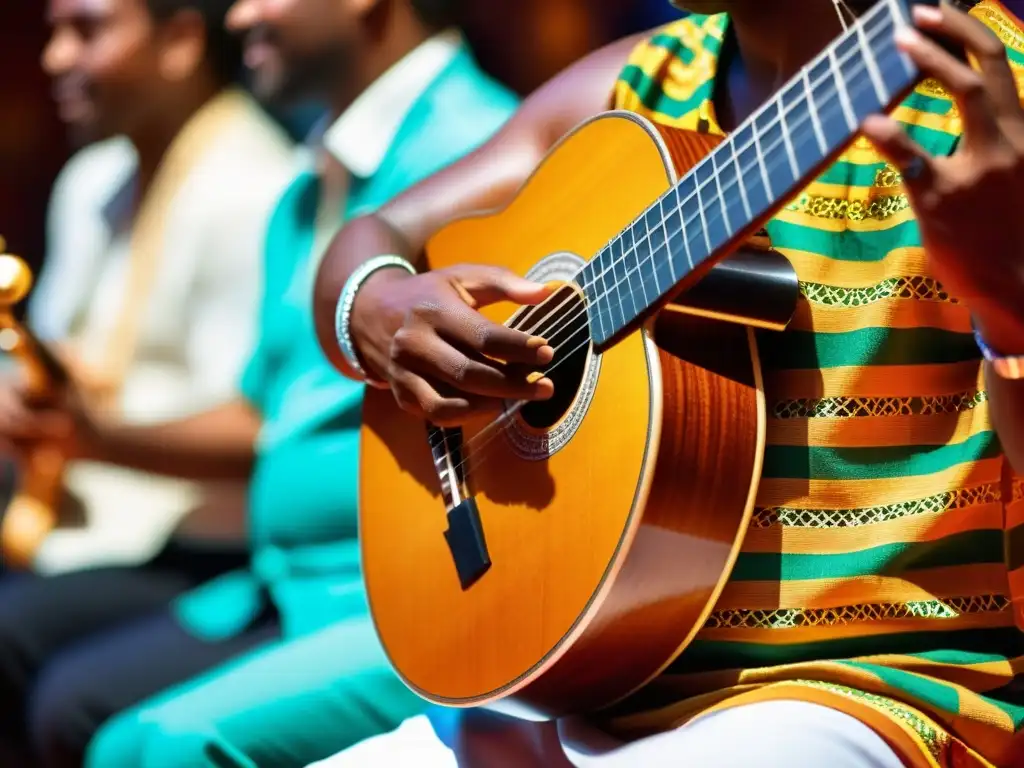 Un músico talentoso toca un cavaquinho durante una animada presentación de samba en Brasil, con detalles de madera y vibrantes colores