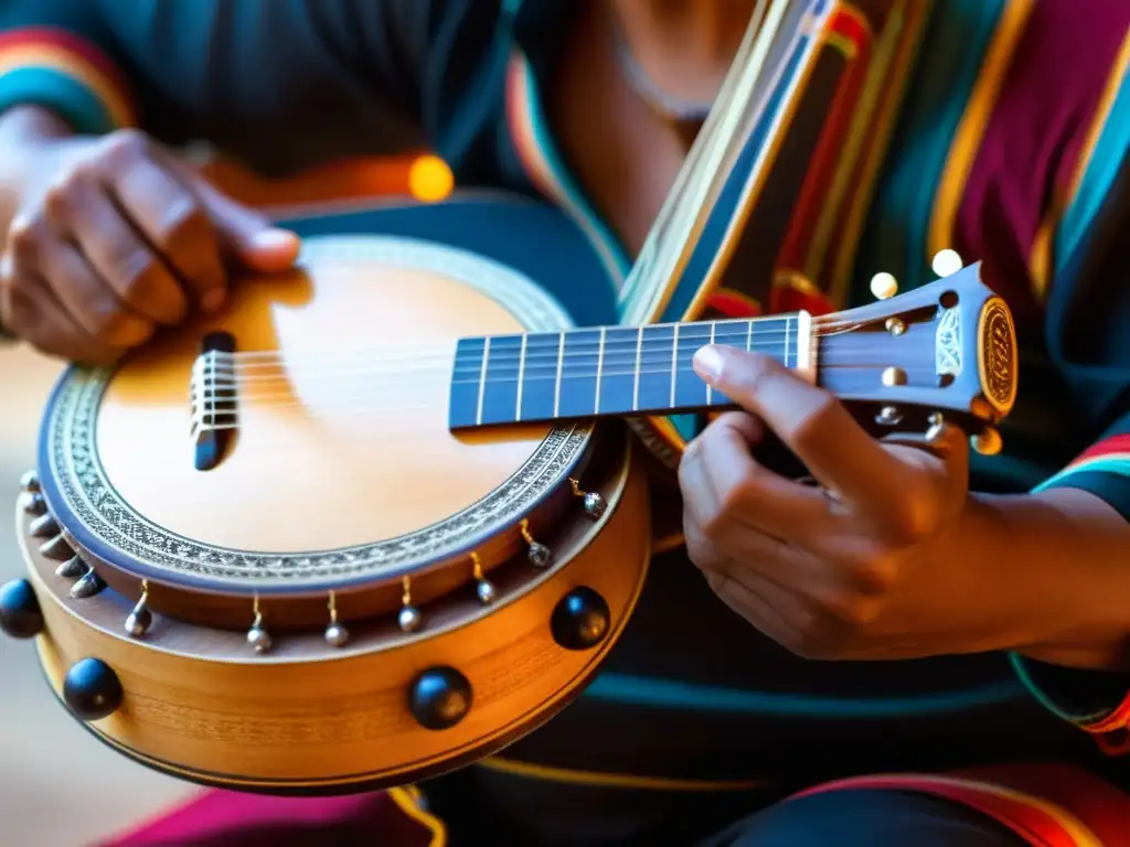 Un músico talentoso toca el charango, sus manos hábiles adornadas con accesorios andinos