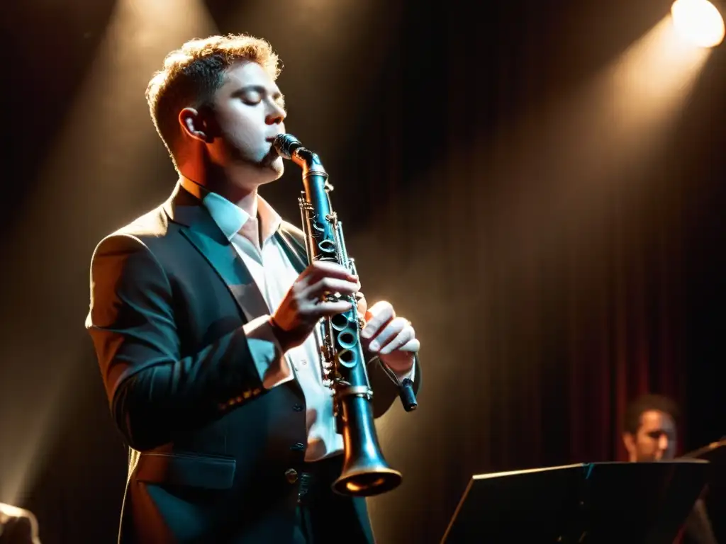 Un músico talentoso tocando el clarinete en un escenario tenue, con un foco de luz resaltando los detalles del instrumento