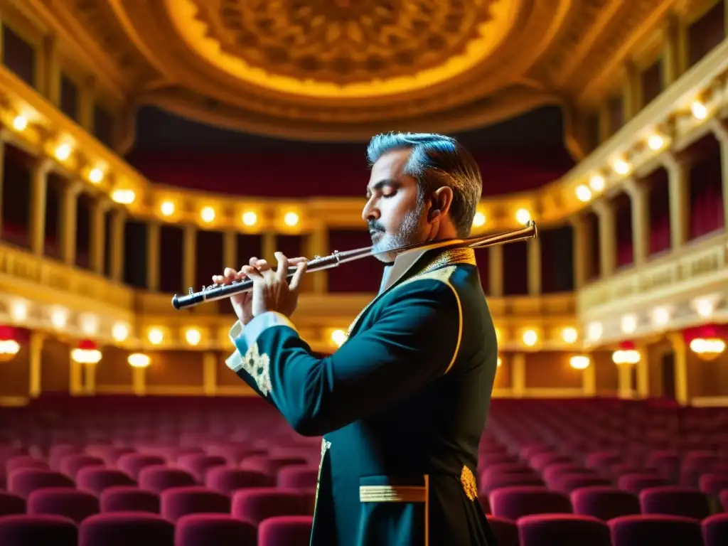 Un músico talentoso toca la flauta de pico en un majestuoso auditorio, capturando la versatilidad de la flauta de pico en la música antigua y moderna