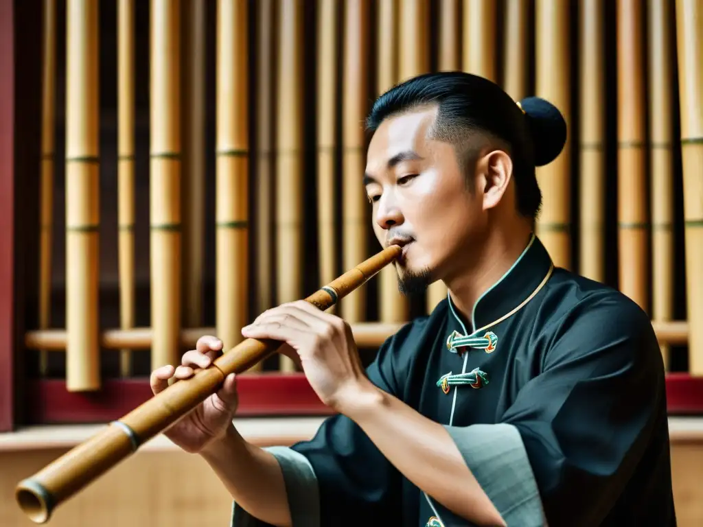 Un músico talentoso toca el hulusi chino en un entorno tradicional chino, mostrando los detalles del instrumento y sus manos expertas