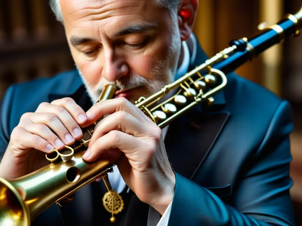 Un músico talentoso toca con pasión un instrumento de viento klezmer, mostrando técnica y dedicación