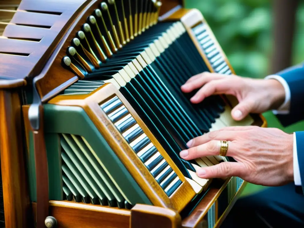 Un músico talentoso toca una melodía folclórica en un acordeón vintage, resaltando la pasión y la artesanía