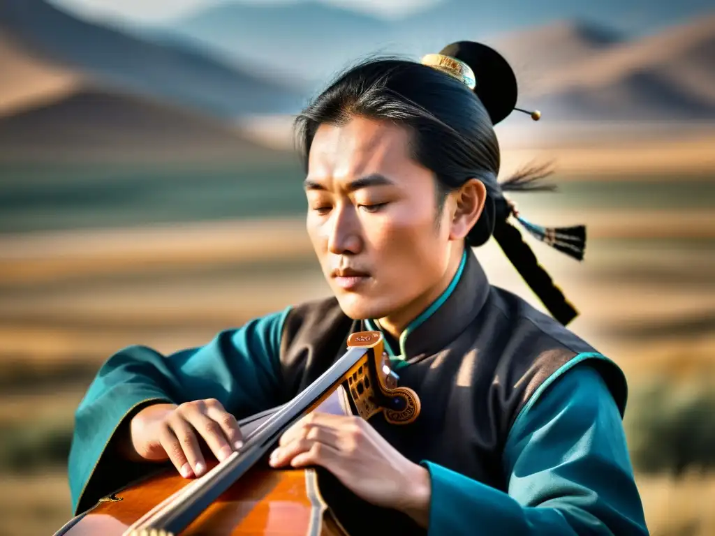 Un músico talentoso toca el Morin Khuur Mongol en la vasta estepa mongola, capturando leyendas musicales con sus dedos expertos