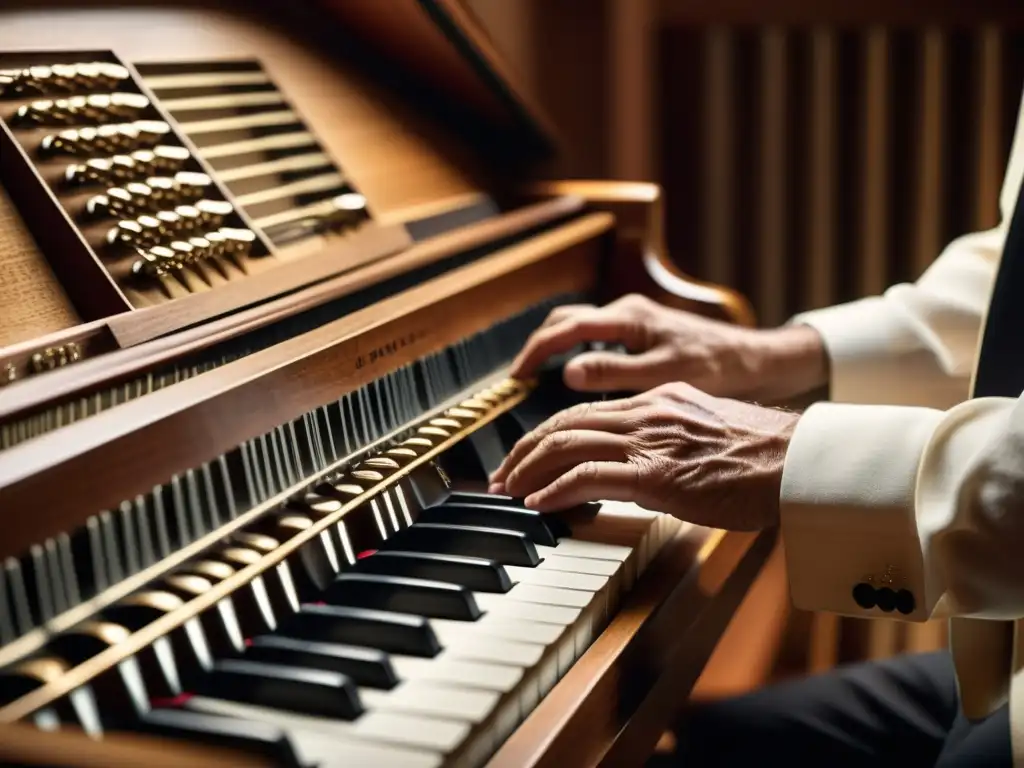 Un músico talentoso redescubriendo el sonido del clavicordio con maestría y pasión en una atmósfera cálida y evocadora