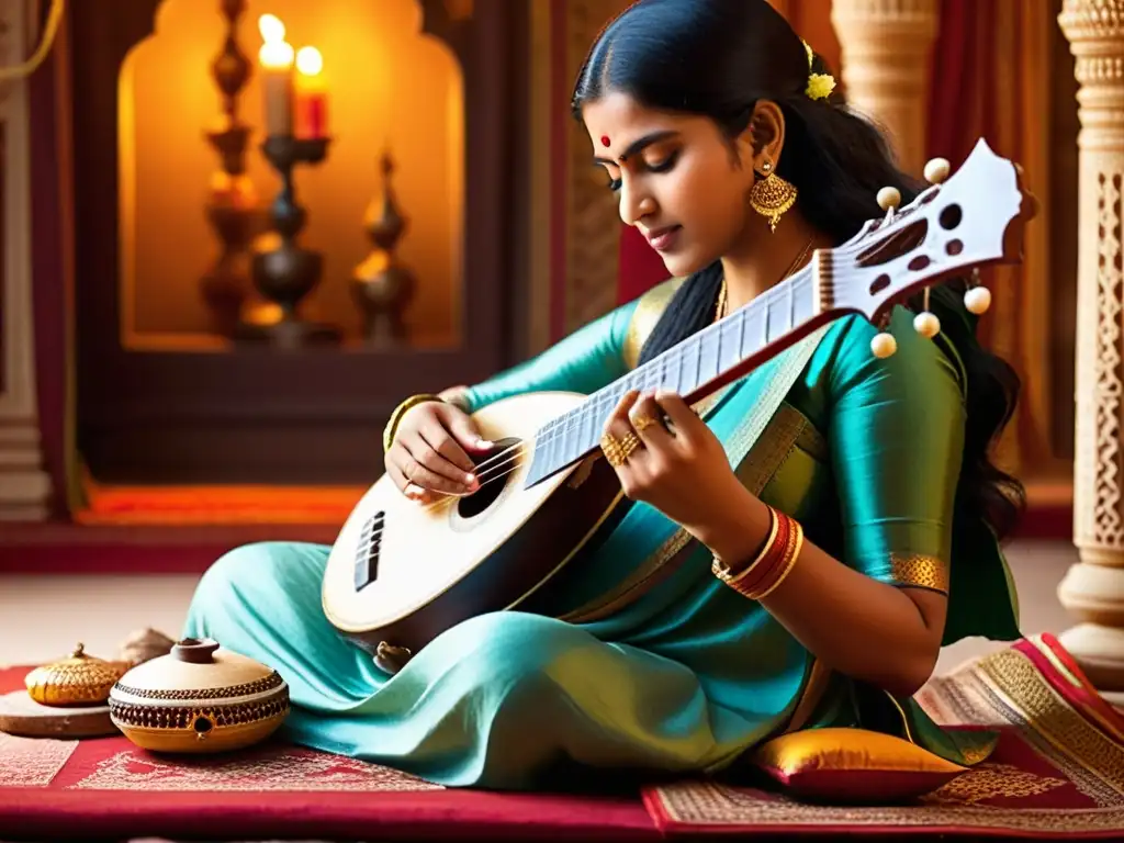 Un músico talentoso toca la veena en un entorno tradicional de la India, rodeado de telas vibrantes y tallas intrincadas