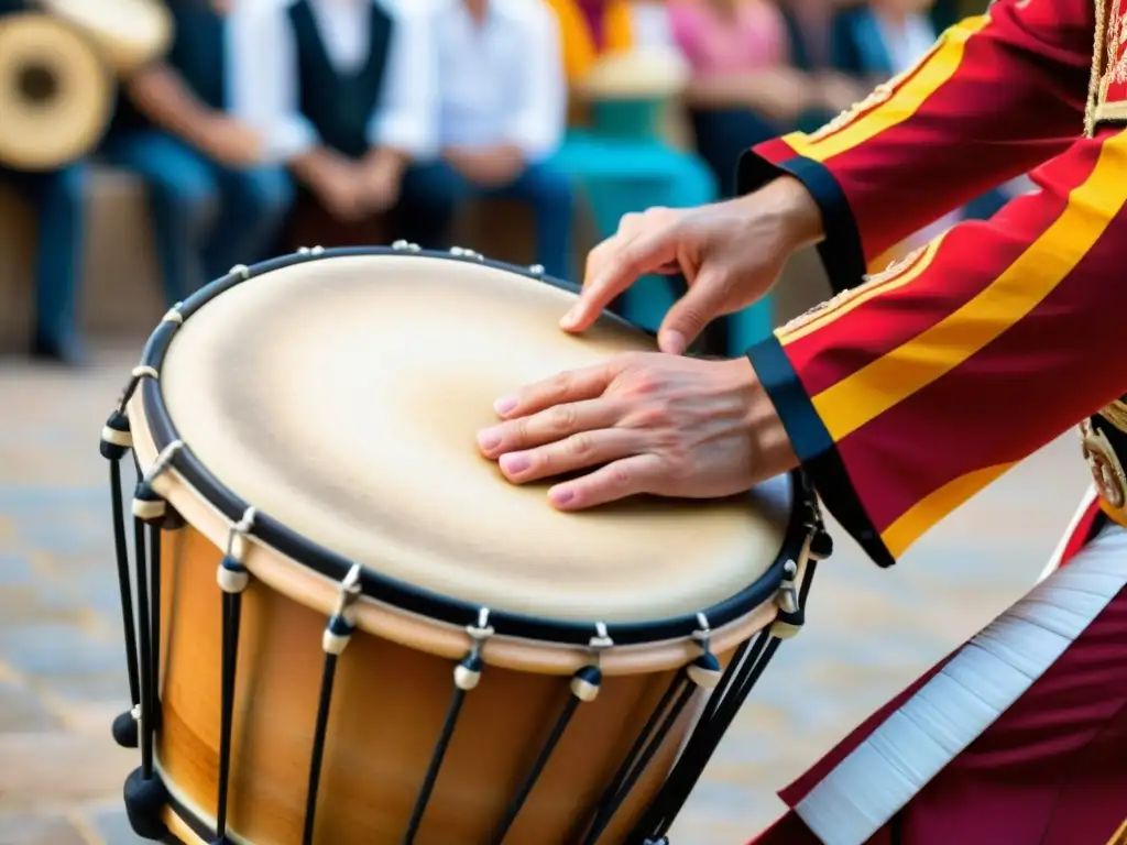 Un músico hábil toca un tambor de cuadro español durante un festival cultural, mostrando técnicas de tambor de cuadro español