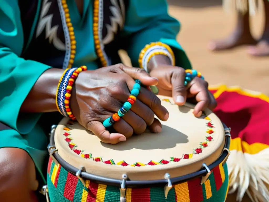 Un músico indígena toca con pasión un tambor decorado, con cascabeles adornando sus manos y textiles coloridos