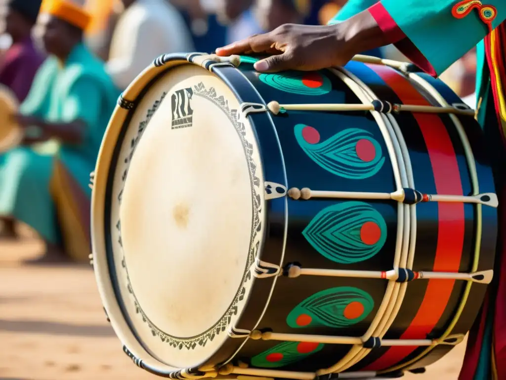 Un músico toca un tambor bajo Dagbani durante un festival cultural vibrante, mostrando la historia y la tradición del tambor