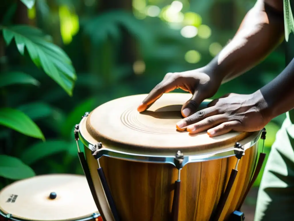 Un músico toca un tambor de madera en la selva, experimentando instrumentos étnicos virtuales