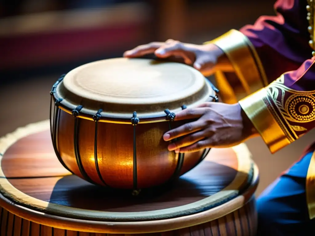 Un músico toca con pasión un tambor Kendang durante una vibrante actuación de Gamelan en Indonesia, mostrando la conservación del Kendang en Indonesia