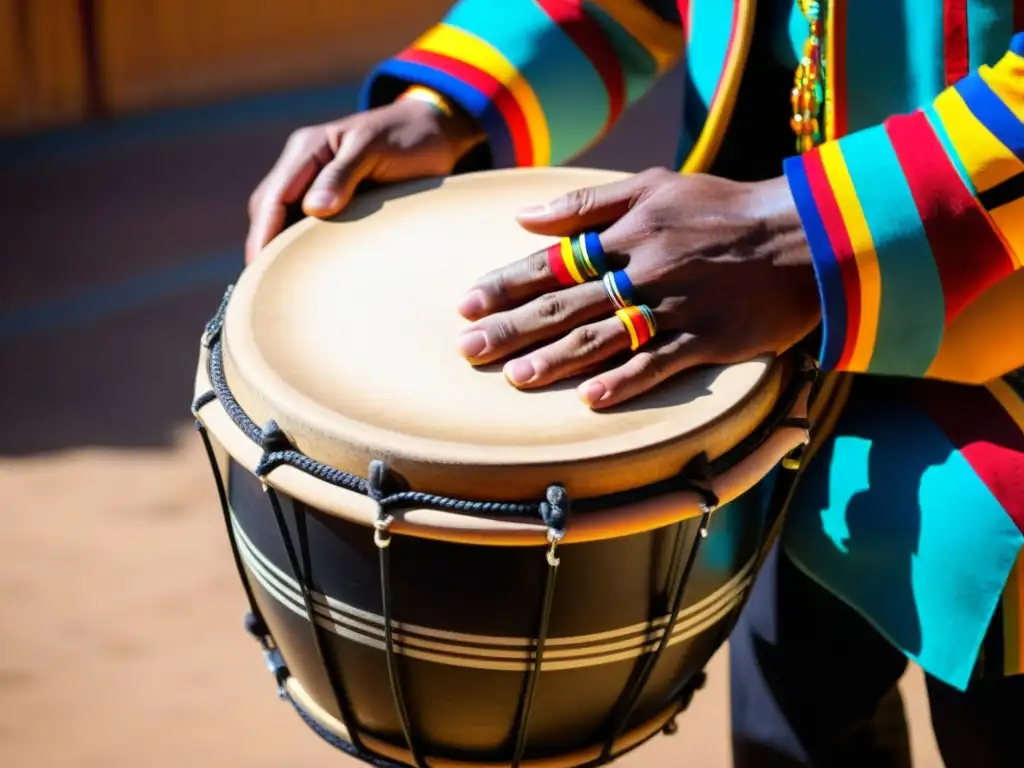 Un músico sostiene un tamboril uruguayo tallado con maestría, rodeado de la energía vibrante del candombe