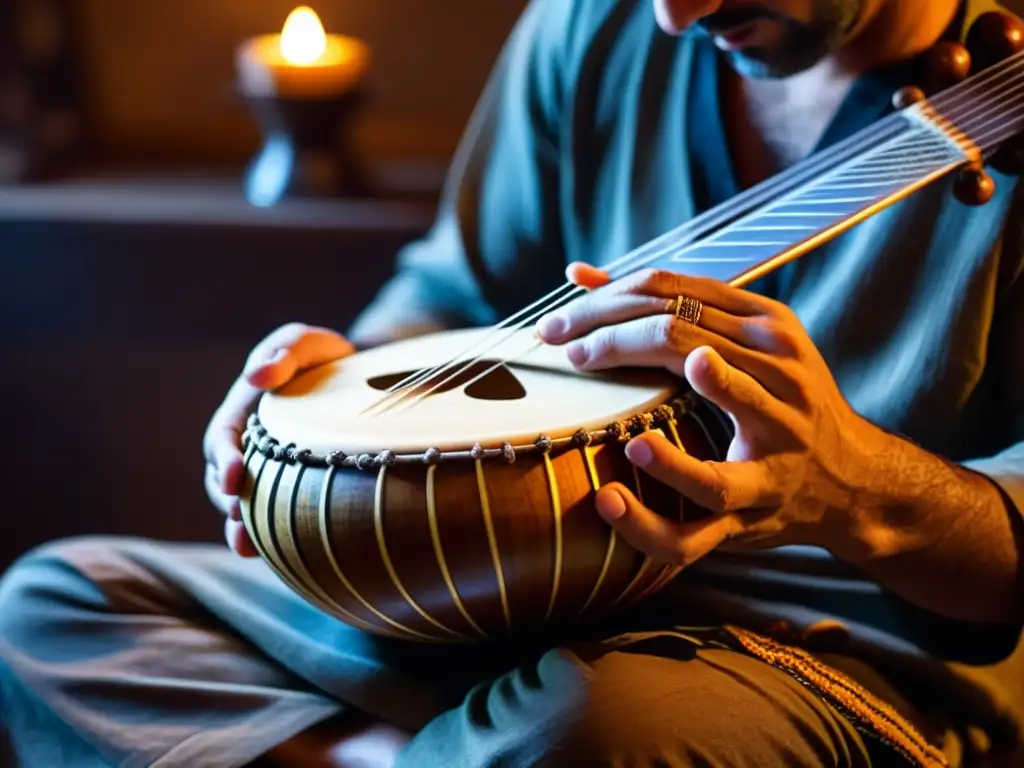 Un músico toca un tanbur kurdo en una atmósfera serena y contemplativa, resaltando la importancia del tanbur kurdo en la música sufí