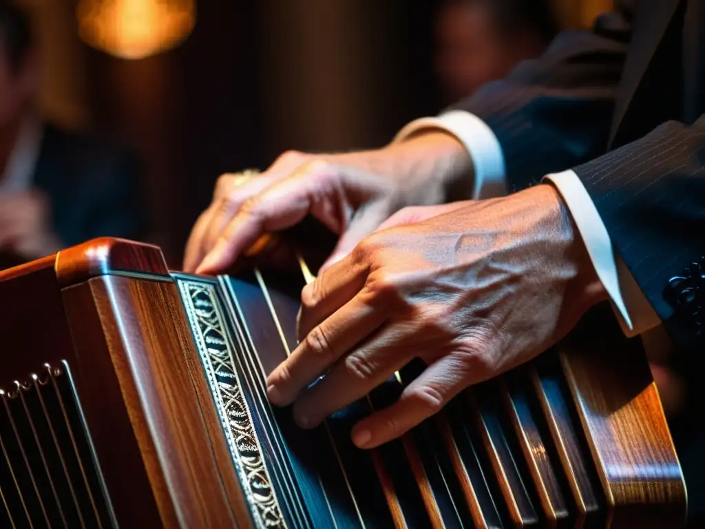 Un músico de tango experto toca el bandoneón en un club atmosférico, destacando la importancia cultural del bandoneón en el tango