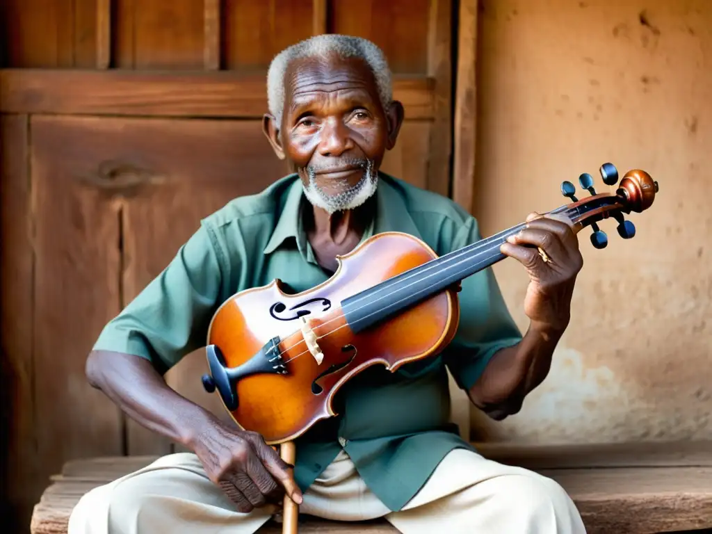 Un músico tanzano de edad avanza en años, toca el zeze con sus manos envejecidas