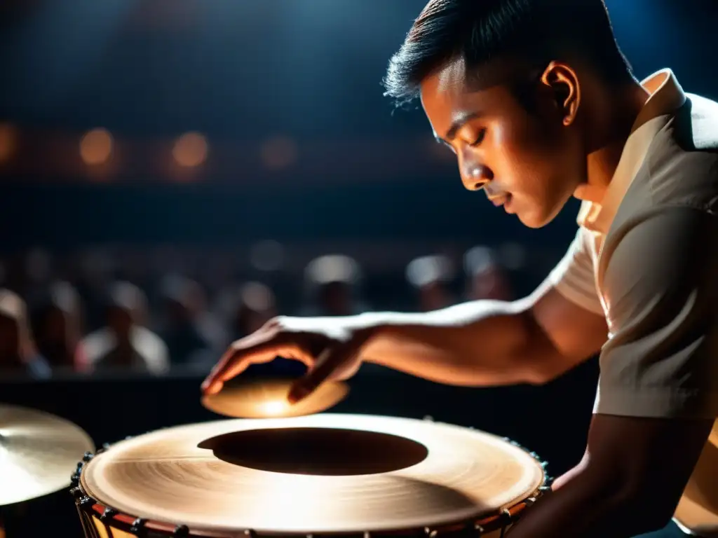 Un músico toca el Hang Drum en un teatro iluminado, con una audiencia cautivada