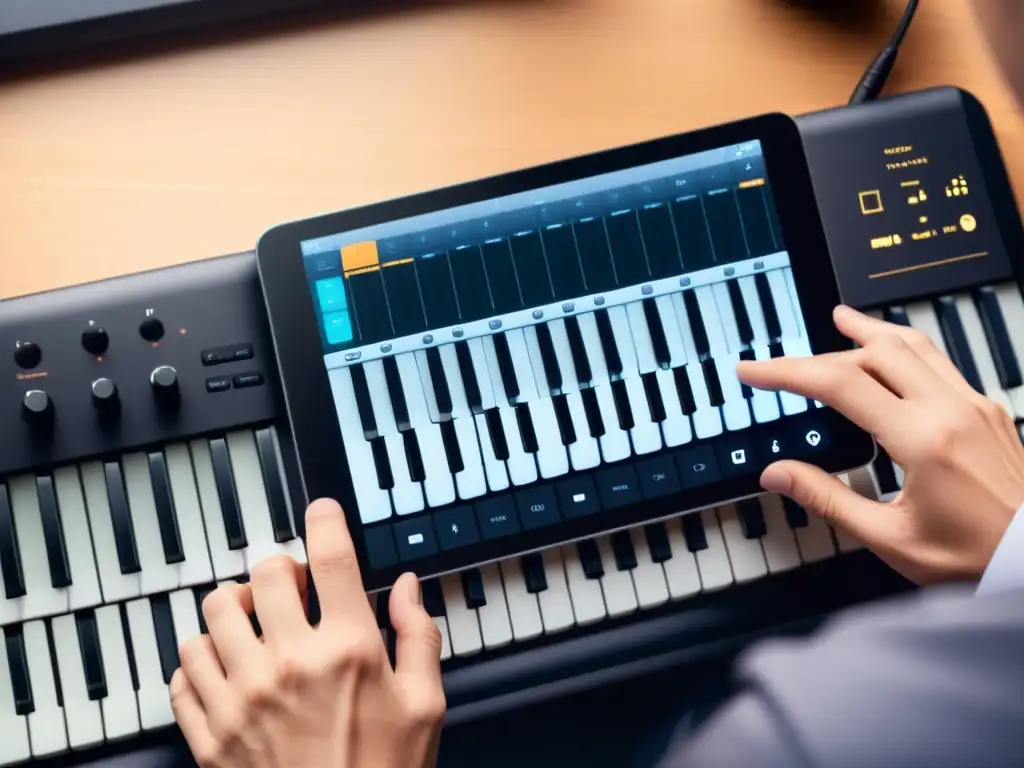 Un músico manipula un teclado digital con una app de música en un dispositivo, fusionando lo tradicional con lo tecnológico