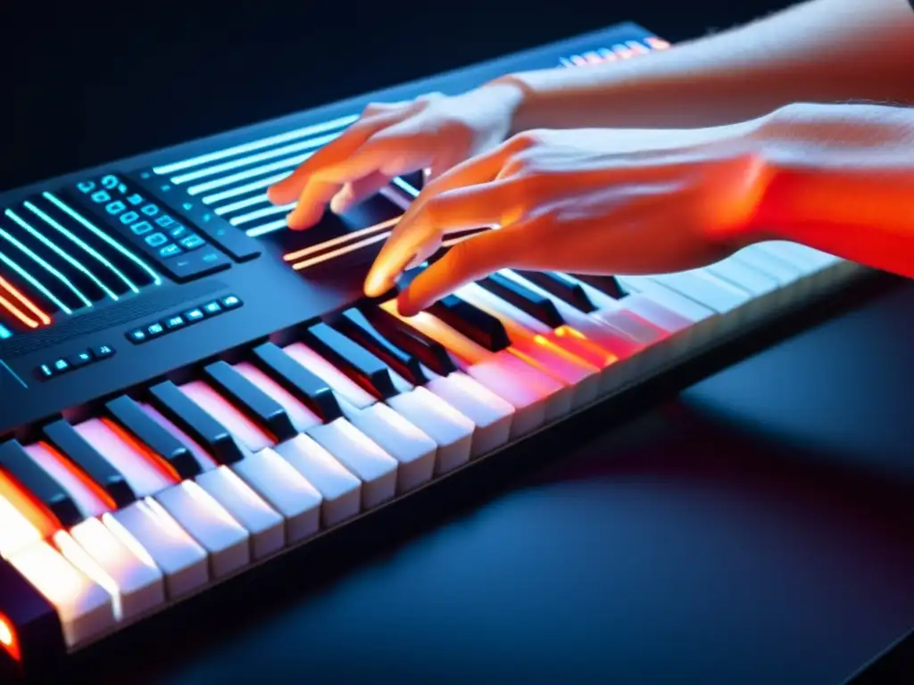 Un músico toca un teclado electrónico flexible futurista con destreza, creando una imagen dinámica y cautivadora