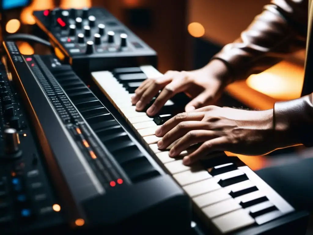 Un músico toca con pasión un teclado MIDI en un estudio de grabación, mostrando destreza y emoción