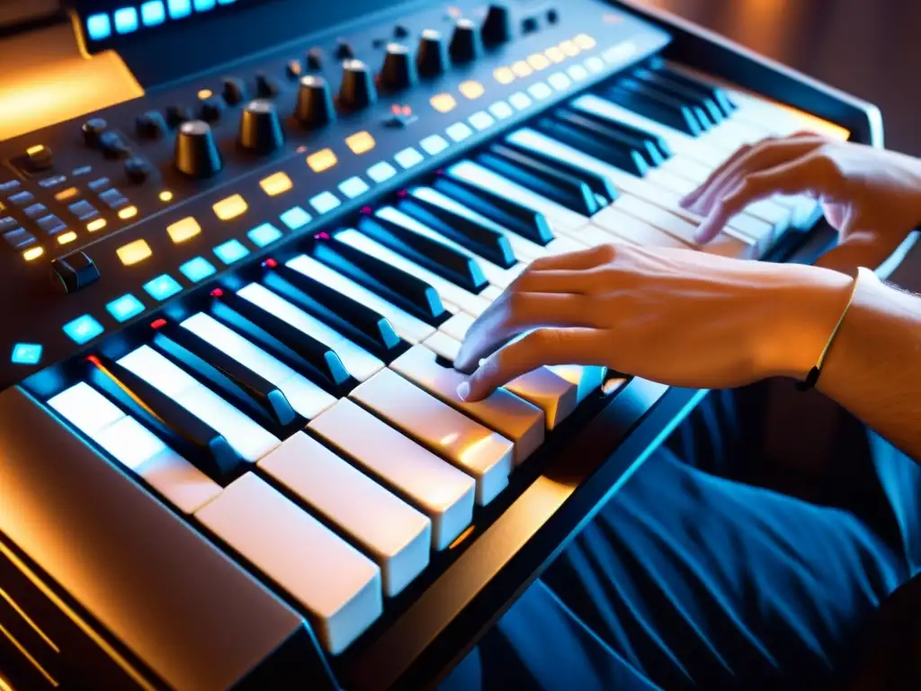 Un músico toca un teclado MIDI en un estudio de producción musical, destacando el impacto MIDI en la música moderna