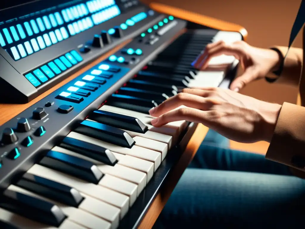 Un músico toca un teclado MIDI con expresión concentrada, mostrando los movimientos intrincados de sus manos