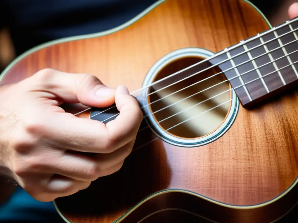 Un músico ejecuta la técnica campanella en un ukelele, creando melodías encantadoras con destreza y pasión