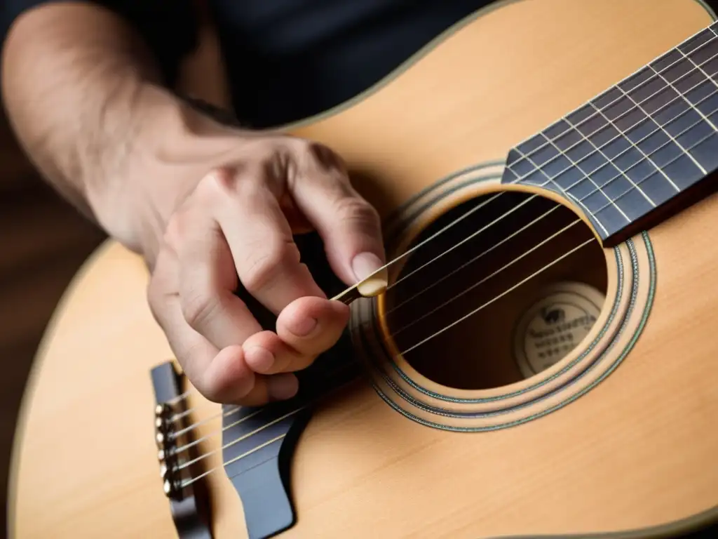 Un músico ejecuta la técnica fingerstyle en una guitarra acústica, mostrando la polifonía en una imagen detallada y cálida