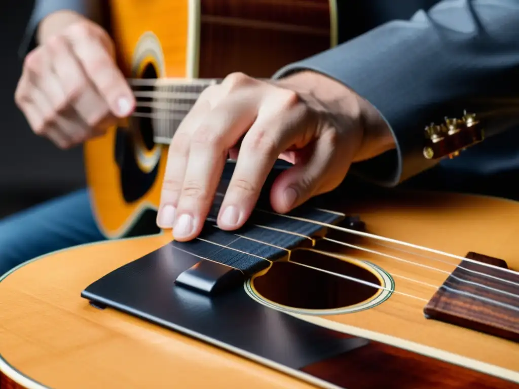 Martilleo: La Destreza del Guitarrista Un músico ejecuta la técnica martilleo en una guitarra acústica, mostrando destreza y concentración