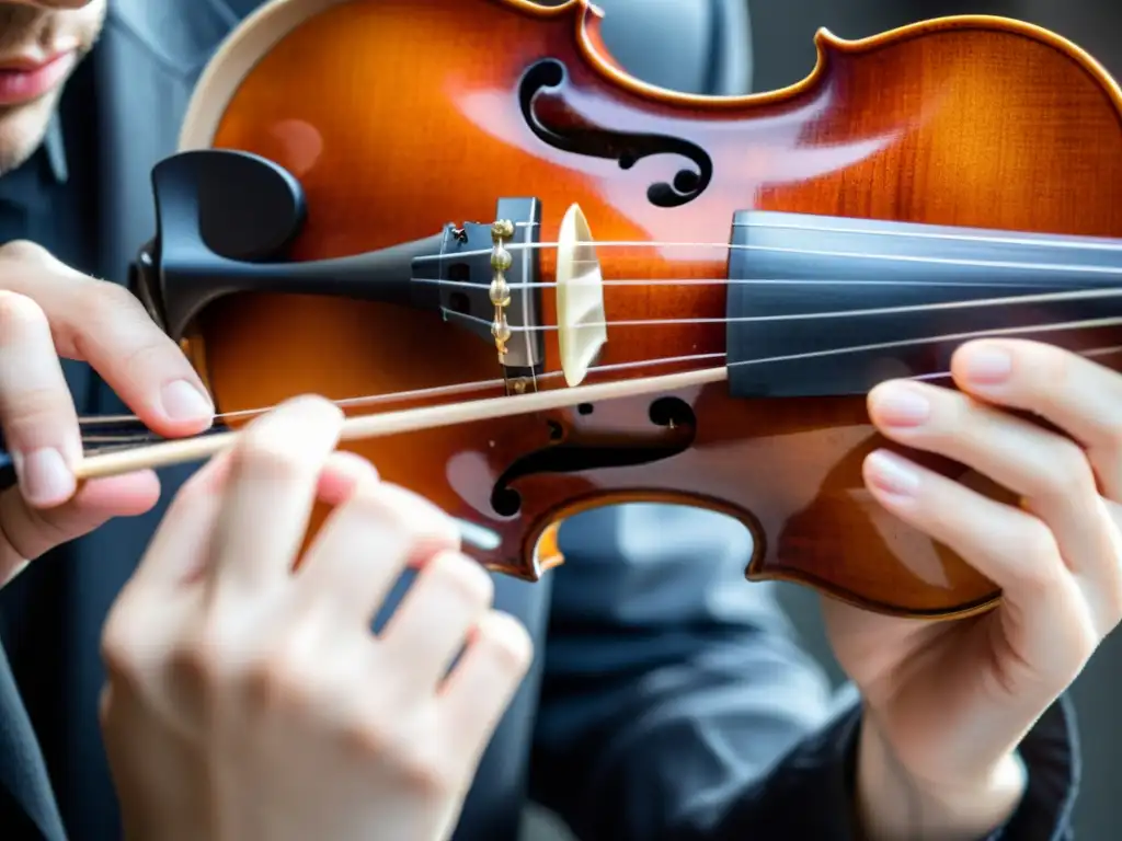 Un músico ejecuta la técnica pizzicato en un violín, mostrando destreza y precisión en las cuerdas del instrumento