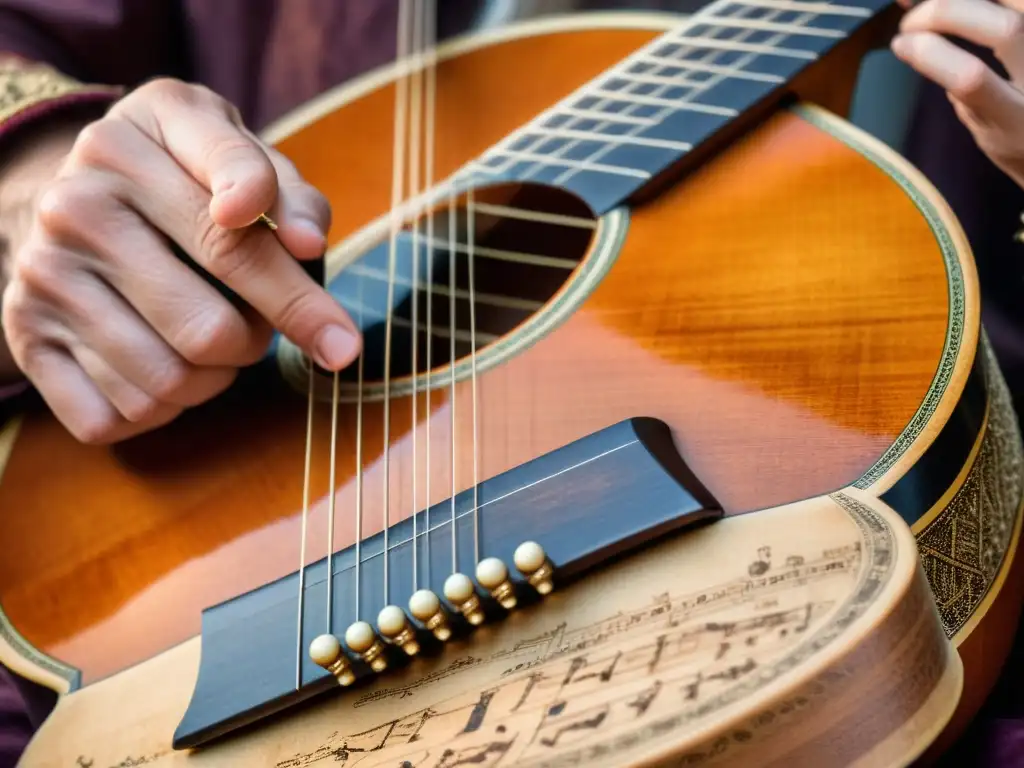 Un músico hábil ejecuta la técnica de strumming en un laúd antiguo, evocando la música antigua con maestría y tradición