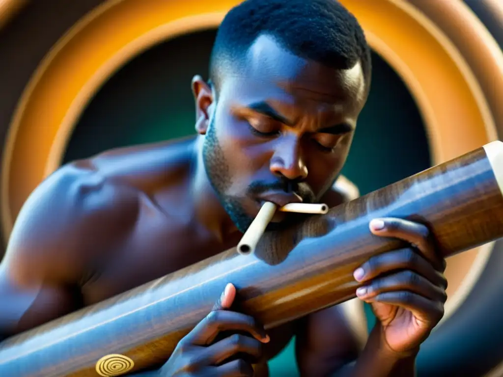 Un músico dominando las técnicas de respiración circular en un didgeridoo, con intensa concentración y habilidad