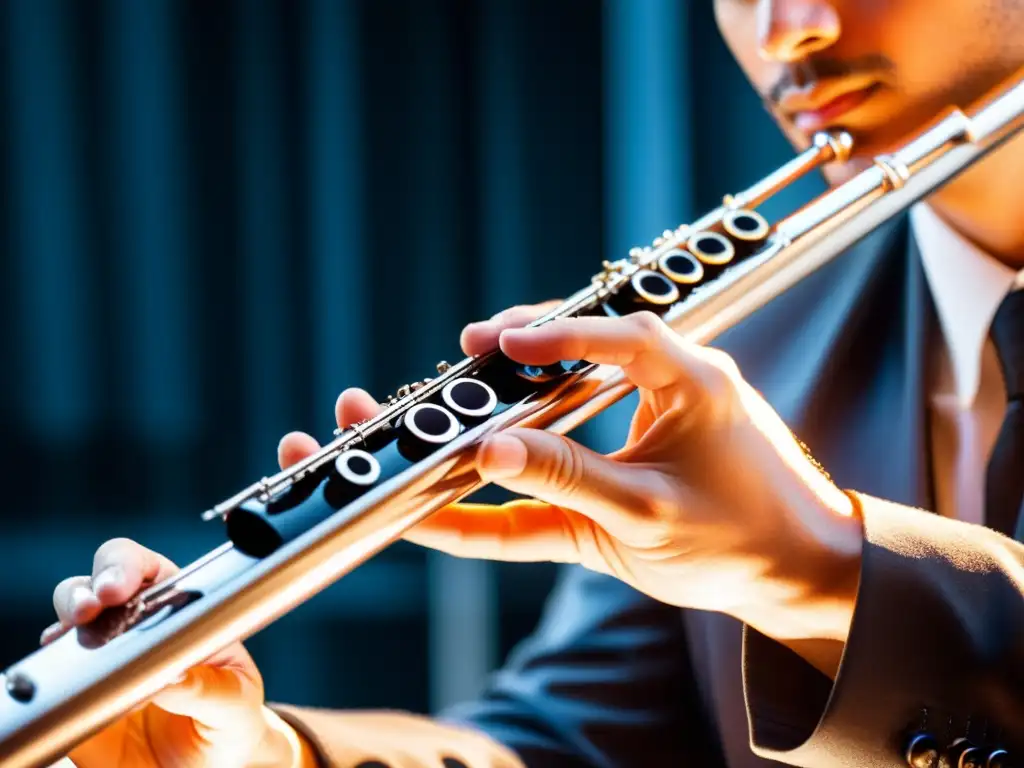 Un músico hábil ejecutando técnicas vibrato en la flauta plateada, transmitiendo arte y dedicación en la música de viento