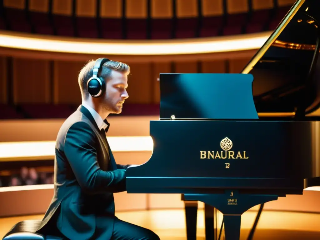 Un músico con tecnología binaural grabaciones 3D, reflejo del piano y público iluminado en un gran concierto