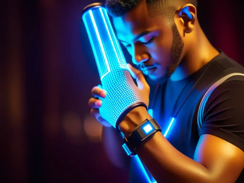 Un músico utiliza tecnología wearable mientras toca, fusionando música tradicional con interacción tecnológica