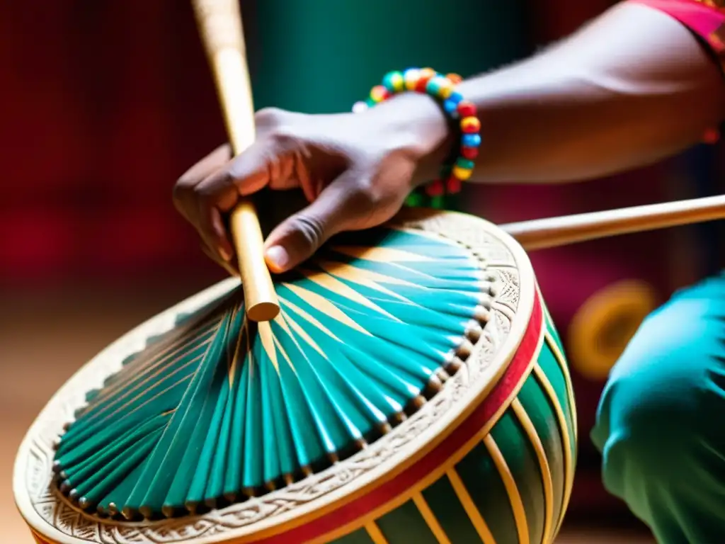 Ritmo y color: Músico tocando un güiro en concierto de música latina Un músico toca un güiro, creando texturas rítmicas en una animada actuación de música latina
