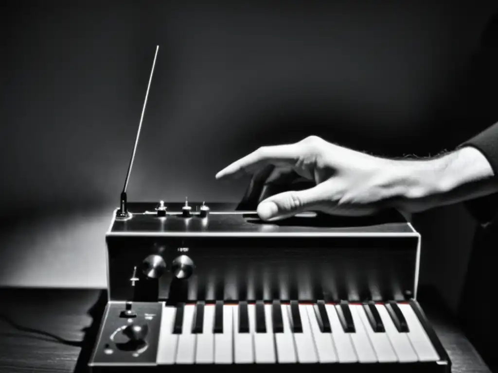 Un músico interpreta un Theremin en una atmósfera misteriosa y experimental